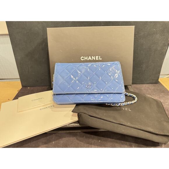 Chanel Quilted CC SHW Blue Patent Leather Wallet On Chain w/ Box - JB 335215 - Picture 1 of 16